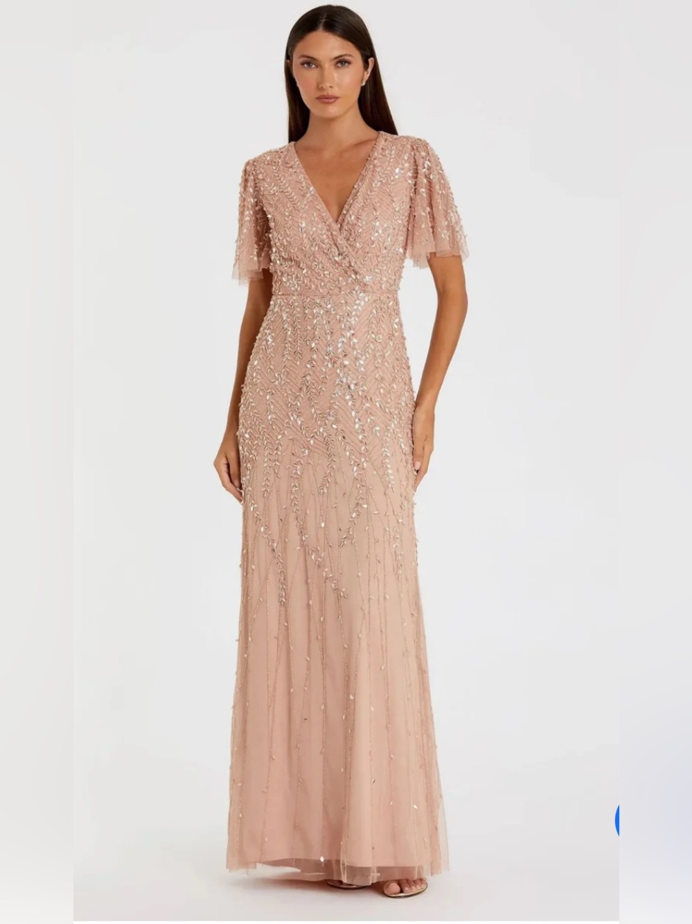 Mac Duggal Pink Embellished Flutter Sleeve Gown